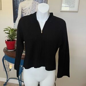 Moda International Black Wool Blend Zip Down 3/4 Sleeve Cropped Sweater Jacket L